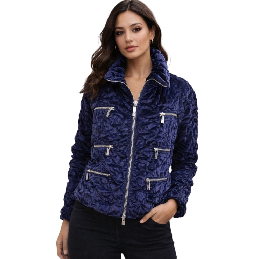 Silolona Luxe Sapphire Blue Crushed Velvet Crinkled Jacket Sz XXL Open To Offers
